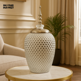 CERAMIC JAR WITH SILVER LID & TEXTURED DESIGN – LUXURY DECORATIVE VASE - YC-055